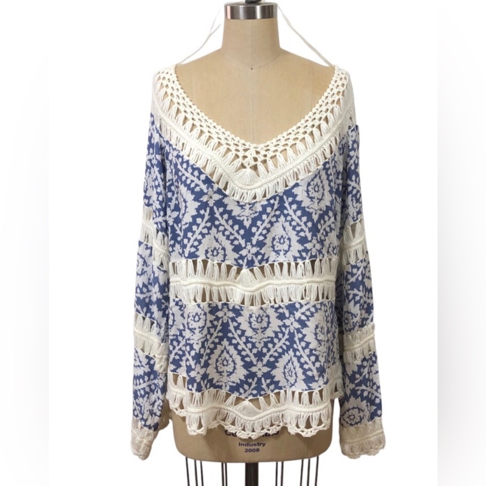 NWT Say What? Blue and White XL Crochet Boho Tunic Pool/Beach Cover up Resort